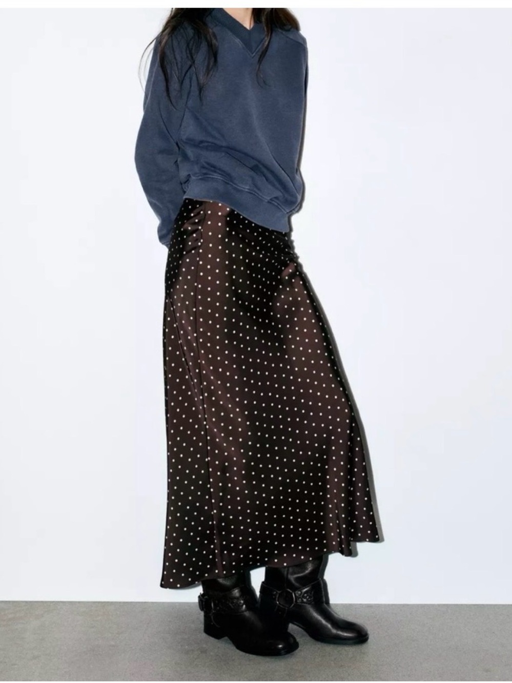 Zara Dark Brown Midi Skirt with White Polka Dot Print - Picture 2 of 3